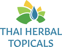 Text: Thai Herbal Topicals in soothing blue, with a logo above it. Logo is a blue water drop with rays of dark green, light green and yellow extending horizontally and upward, mimicking the compartmentalized petal arrangement of a ginger flower.